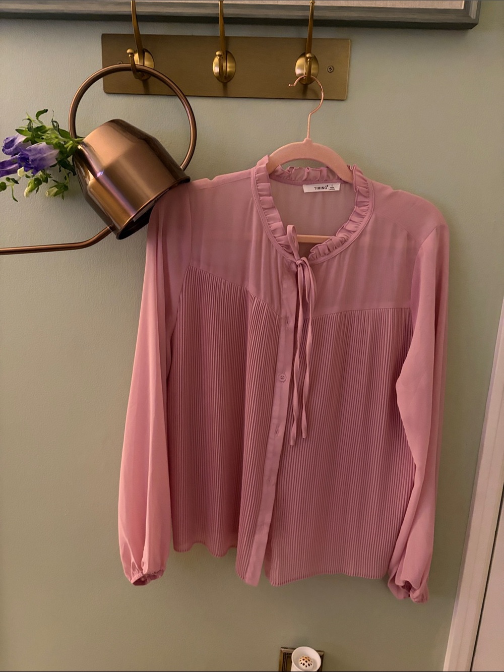 Feminine Pink Ruffle Tie-Neck Blouse